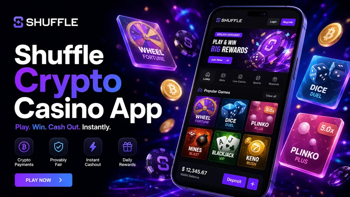 Shuffle crypto casino running on a mobile phone, showing the games lobby, popular titles and wallet balance