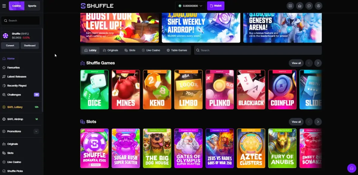 Shuffle casino lobby showing the Shuffle Games row with Dice, Mines, Keno, Limbo, Plinko, Blackjack and Coinflip above a row of slots