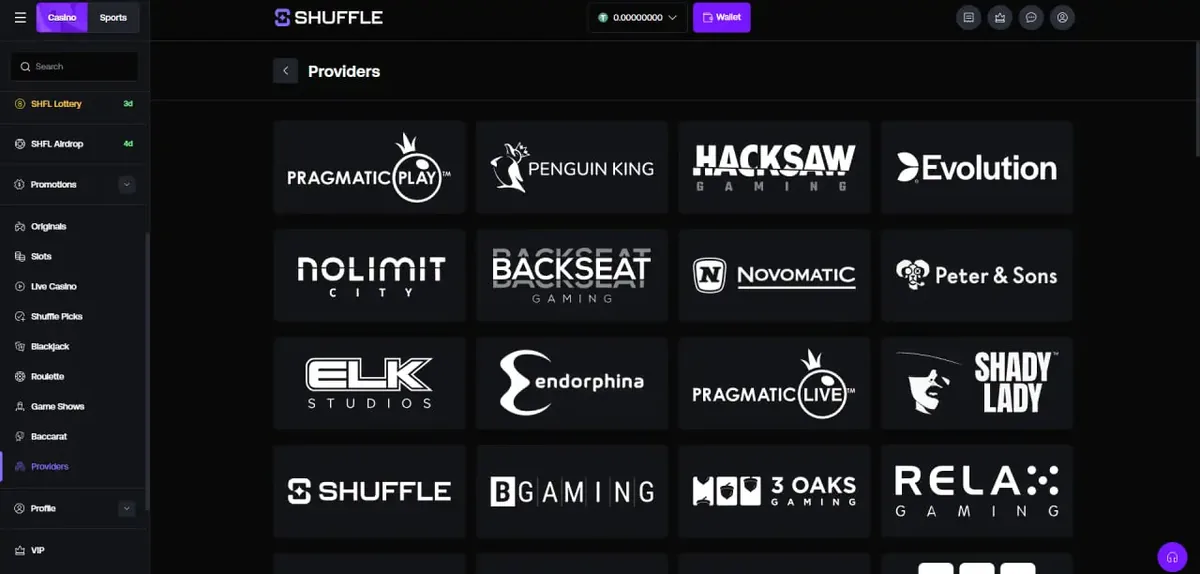 Shuffle providers directory listing Pragmatic Play, Hacksaw Gaming, Evolution, Nolimit City, ELK Studios, BGaming and other slot studios