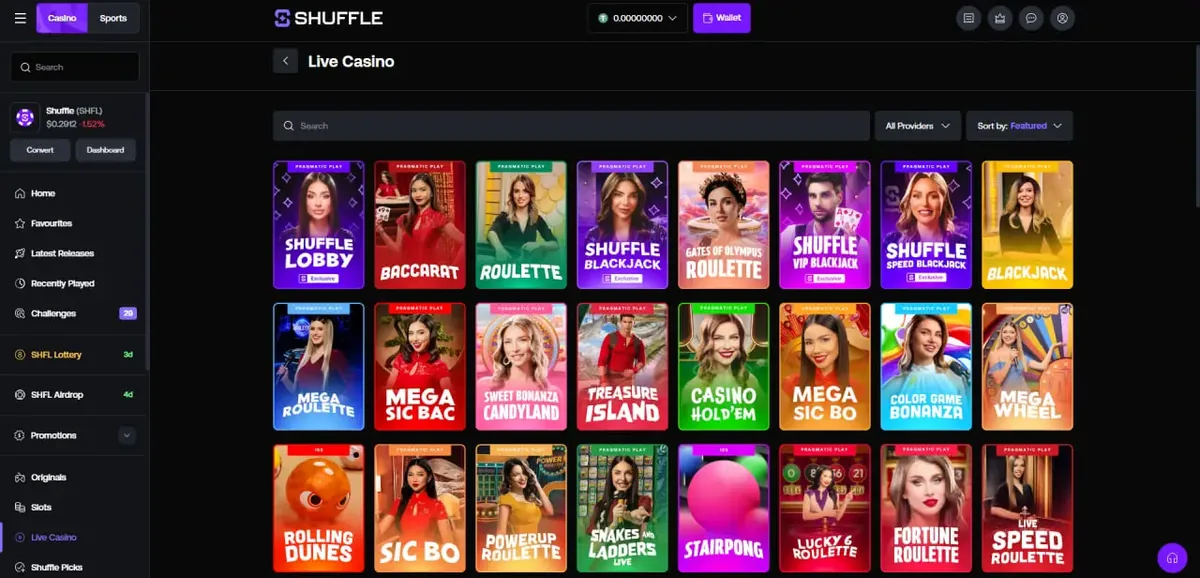 Shuffle Live Casino lobby showing streamed roulette, baccarat, blackjack and game show tables from Pragmatic Play