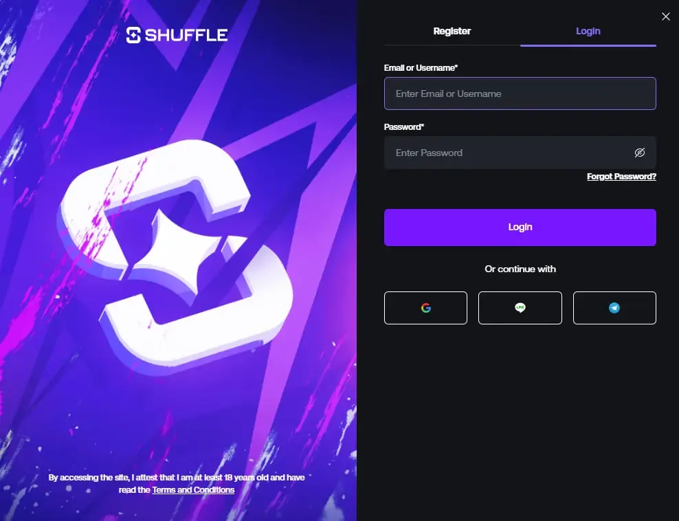 Shuffle sign-in panel with email or username field, password field, Forgot Password link and social sign-in buttons