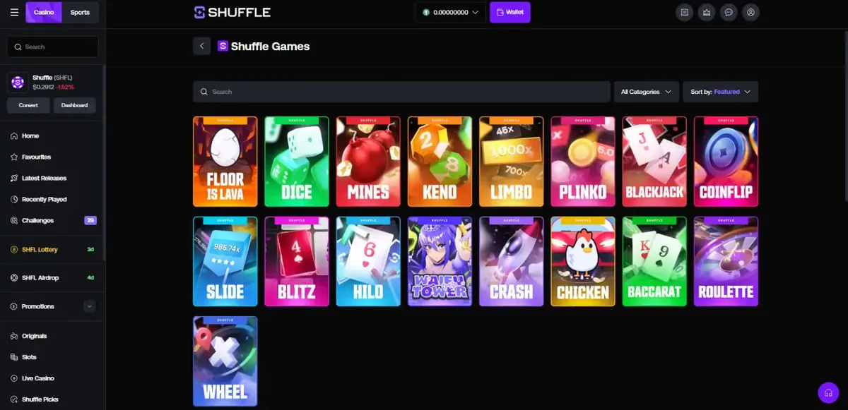 Shuffle Games section showing original titles including Dice, Mines, Keno, Limbo, Plinko, Blackjack, Coinflip, Slide, Crash and Wheel