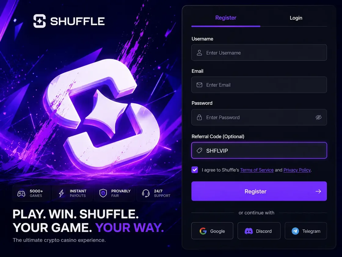 Shuffle registration form with username, email and password fields and the Referral Code field filled in with SHFLVIP
