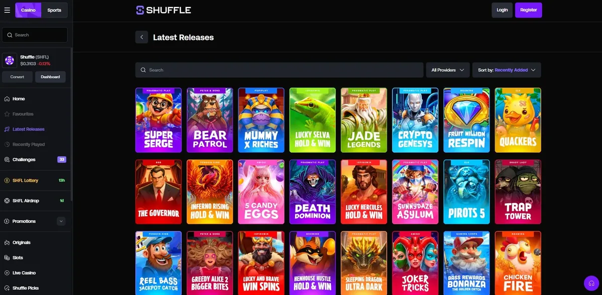 Shuffle Latest Releases page showing a grid of slot titles from Pragmatic Play, BGaming, ELK and other studios